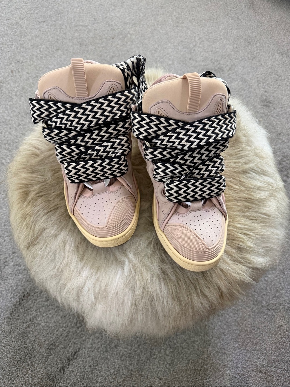 Lanvin Blush Pink High-Top Sneakers with Black & White Zigzag Laces